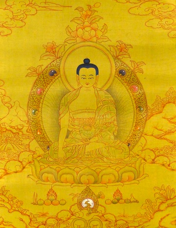 Le Bouddha descendit de la Terre Pure de Tushita, auréolé de la gloire et de la lumière